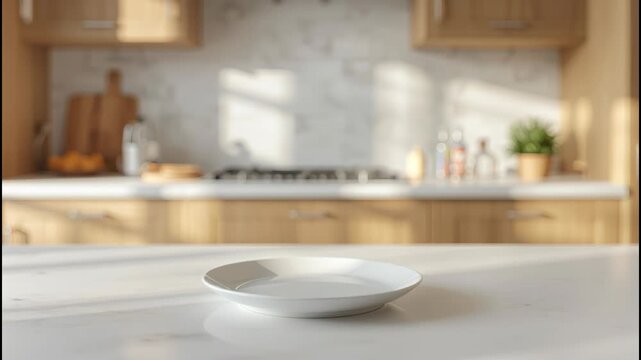White ceramic plate on sunlit marble countertop in warm modern kitchen with bright sunlight