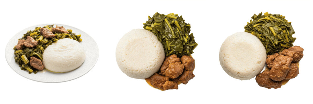 Set of Traditional Sadza, Beef Stew, and Collard Greens from Zimbabwe &ndash; Authentic African Cuisine Transparent Background PNG