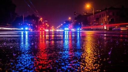 Fototapeta premium Night street scene with rain, vibrant city lights reflecting on wet pavement