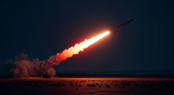 Military ballistic missile launching at night with bright fire trail against dark sky combat concept