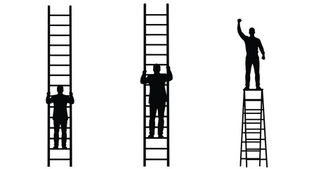 Three ladders with figures representing progress and achievement silhouette © MdGolam