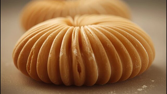 Soft round pastry bun with ridged dough folds, round baked caramel cookie and caramel candy