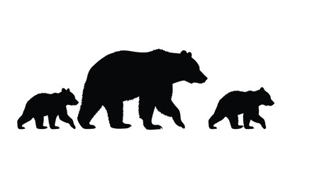 Fototapeta premium A mother bear leads two cubs across a white background silhouette