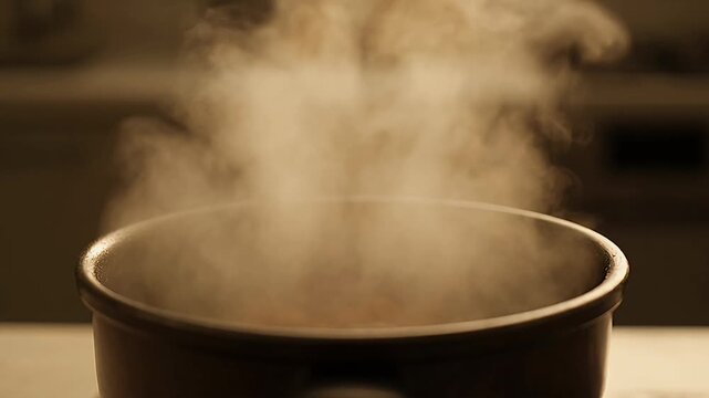 Steam rising from a pot of food, cooking on a stove top