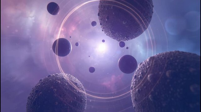 Purple nebula space scene with textured planets asteroid cluster and glowing distant star