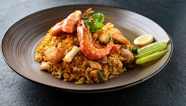 asian fried rice nasi goreng with chicken prawns and fish baso emphasizing protein sources and diversity in ingredients