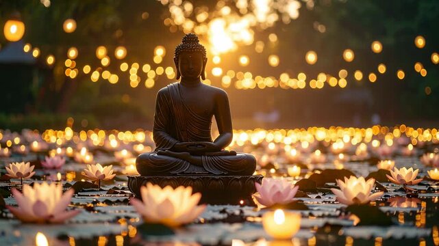 Serene Buddha statue meditating amidst glowing lotus flowers and soft bokeh lights at dusk