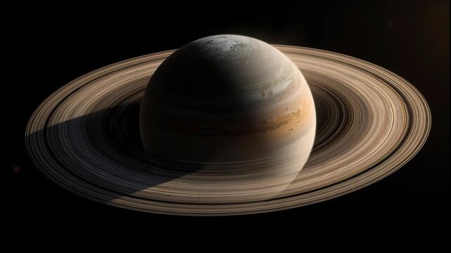 Ringed gas giant planetary rings and cloud band space scene with dramatic shadow swirling cloud