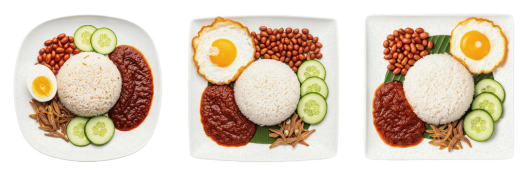 set of Traditional Malaysian Nasi Lemak Fragrant Coconut Rice Food Transparent Background PNG