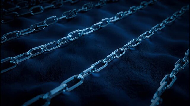 Glossy metal chain link on dark textured surface with blue glow moody futuristic sleek modern depth