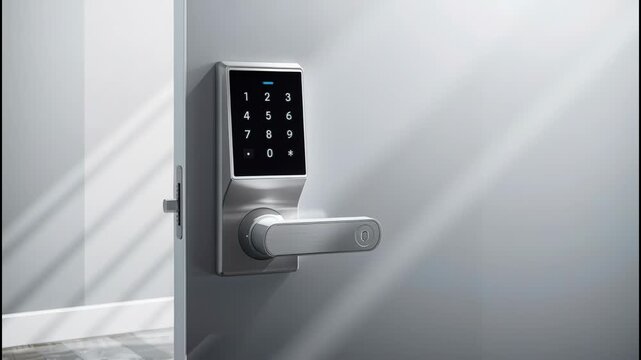 Satin metal smart door lock keypad touchscreen with modern lever handle illuminated soft light