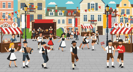 Obraz premium Vector illustration of a folk festival in a European town square with dancing, music, and food stalls.