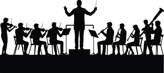 Orchestra, conductor, silhouette, musicians, instruments, violin, cello, flute, clarinet, bassoon, podium, performance, music, ensemble, symphony, h © It's Sumi Here