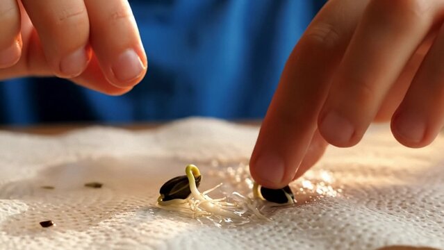 Close view of hands planting young seedlings in wet paper towel, home gardening experiment and science education, fresh hopeful mood for spring and Earth Day