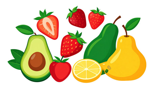 Fresh fruit illustration set featuring strawberries, avocados, and pears for healthy food, nutrition, and organic design concepts