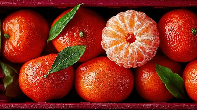 Fresh vibrant tangerines arranged in dark crate with leaves