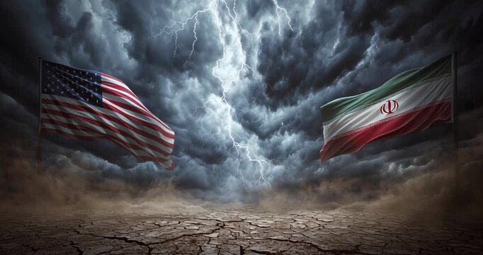 Dramatic sky over cracked earth with United States and Iran flags facing each other.