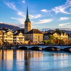 Fototapeta premium A serene cityscape with a church steeple and bridge over a calm body of water
