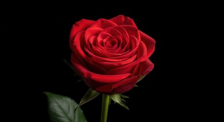 Beautiful red rose with green stem on black background