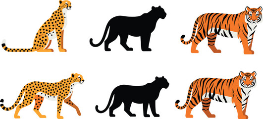 Big cats vector illustration set featuring cheetah, panther silhouette and tiger in standing and walking poses, wildlife animals isolated on white background © Abdullah
