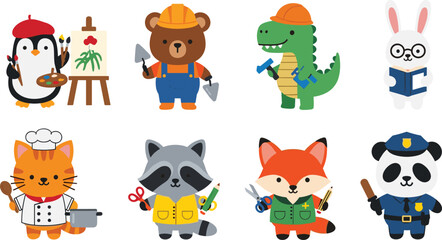 Obraz premium Set of cute cartoon animal characters representing different professions including artist builder chef doctor police officer teacher and gardener for kids.