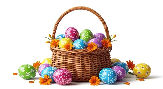 Ester sunday easter eggs in a woven basket with colorful decorations