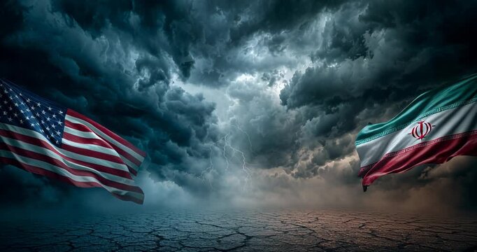 Stormy sky over cracked ground with American and Iranian flags waving in the wind.