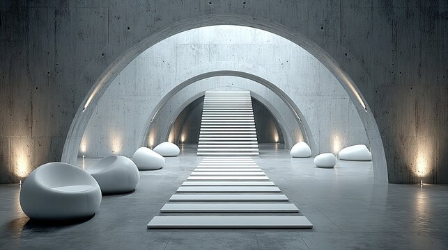 Minimalist lounge displaying stairs inside concrete hallways for architectural digest