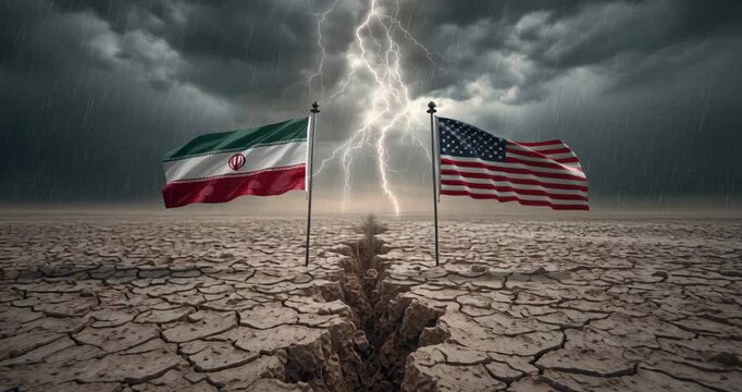 Dramatic cracked earth with Mexican and American flags divided by lightning strike.