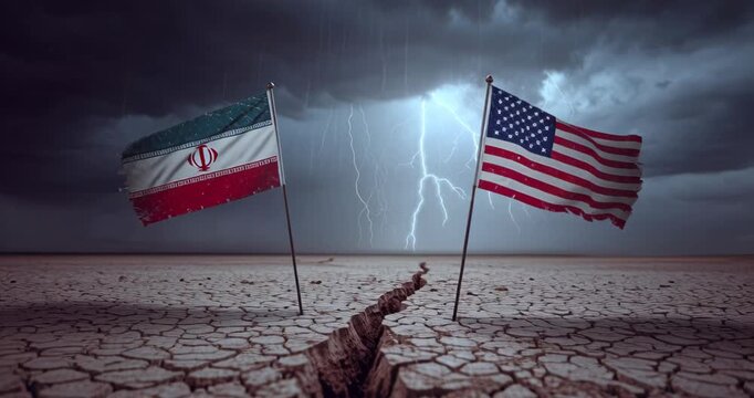Conceptual image of political tension between Iran and the United States with cracked dry earth and stormy sky.
