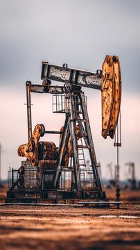 Oil pumpjack extracting crude oil in industrial field during sunset.