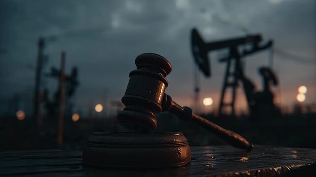 Gavel and oil pump jack silhouette at dusk symbolizing legal and energy industry intersection.
