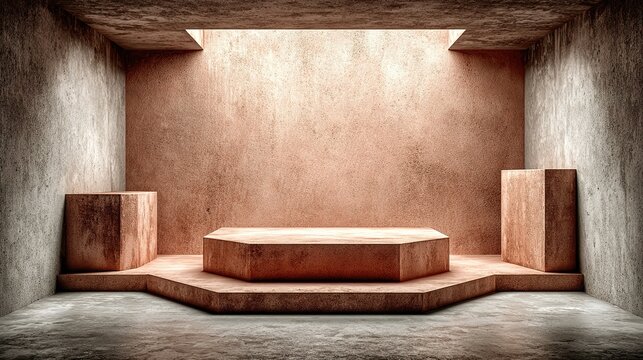 Geometric podiums for product showcase inside concrete structure