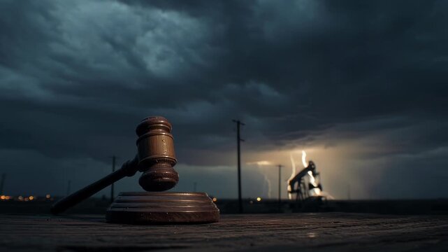 Justice concept with gavel and oil pump under stormy sky.