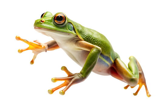 Green tree frog with orange feet and yellow toes leaping forward with outstretched legs isolated on a transparent background