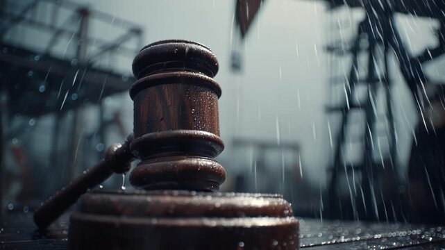 Close-up of a wooden judge gavel on a desk with a blurred courtroom background.