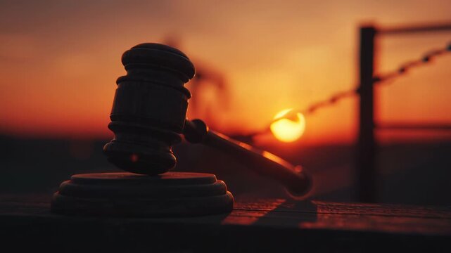 Silhouette of judge gavel with sunset background symbolizing justice and law.