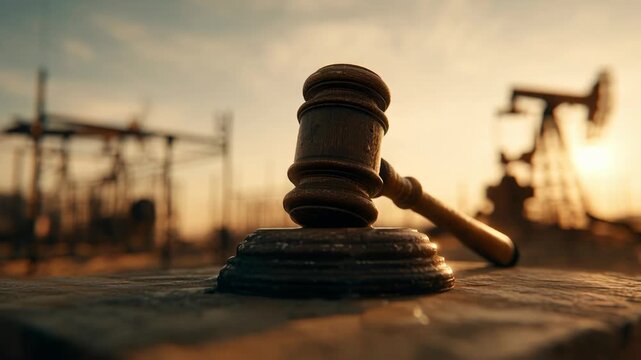 Legal gavel with oil drilling rigs in the background at sunset.