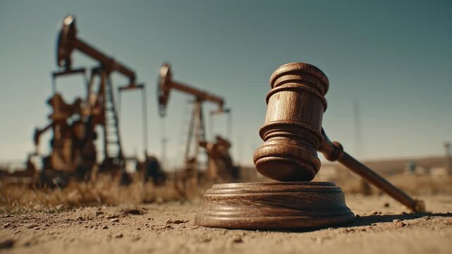 Legal concept with judge gavel and oil pump jacks in desert.