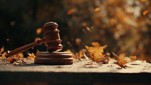Wooden judge gavel and block surrounded by autumn leaves outdoors.