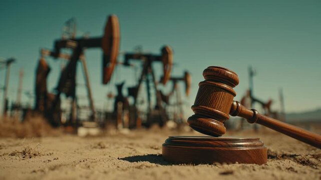 Legal gavel placed on ground near oil pumpjacks in desert landscape.
