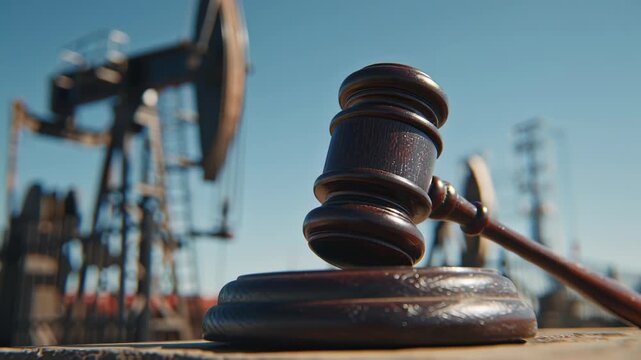 Legal concept with judge gavel and oil pump jack in background.