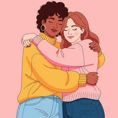 Obraz premium Two women embrace in a supportive hug. Vibrant colors and a modern illustration style convey sisterhood, love, and unwavering support. Perfect for social media and marketing.