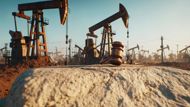 Oil pump jacks operating in an industrial oil field during sunset.