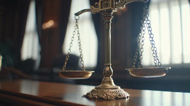 Close-up of a brass balance scale in a courtroom setting with natural light.