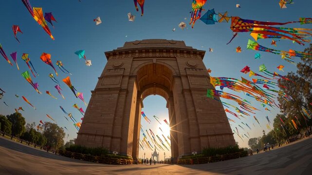 Colorful kites flying around the India Gate monument at sunset.