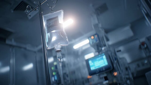 Modern medical equipment and intravenous drip setup in hospital room.
