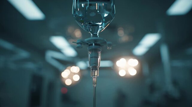 Close-up of intravenous drip in a hospital setting with surgical lights in background.
