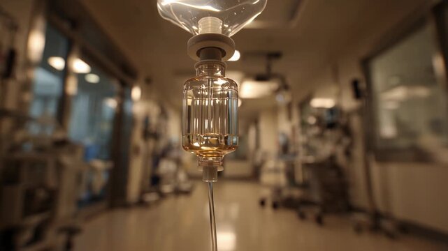 Close-up of intravenous drip chamber in hospital setting with blurred background.