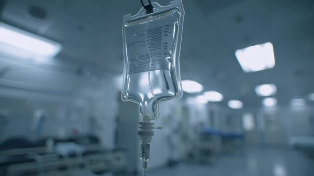Intravenous fluid bag hanging in a hospital medical setting.
